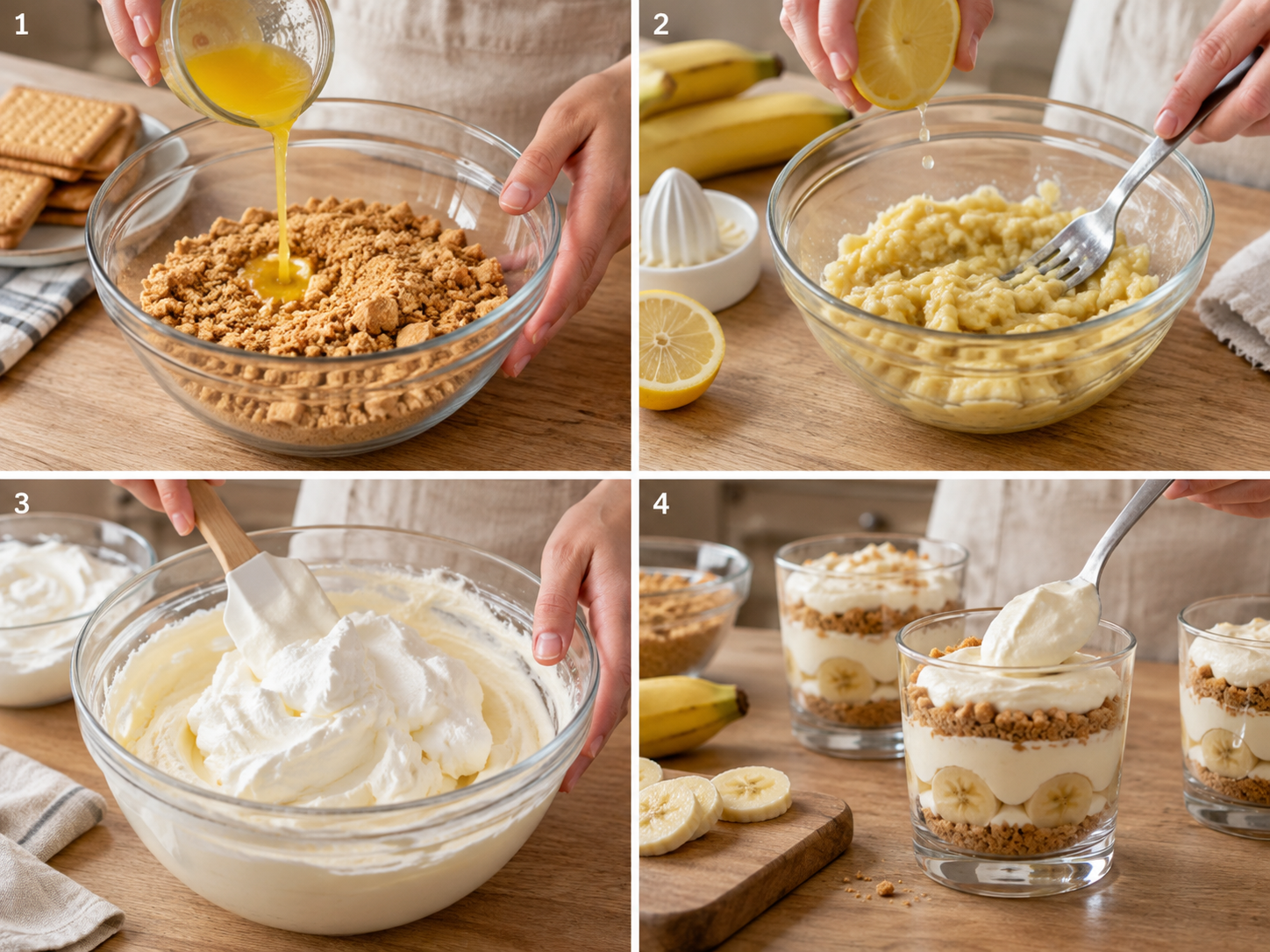 Vier Schritte für Bananendessert vom Keksboden bis zum Schichten