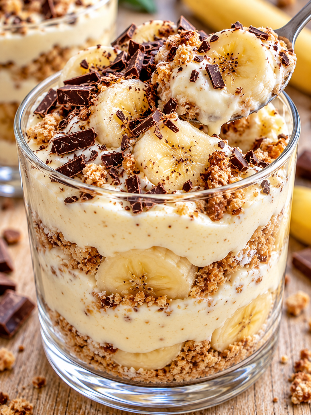 Bananendessert im Glas mit cremiger Schicht und Schokoraspeln