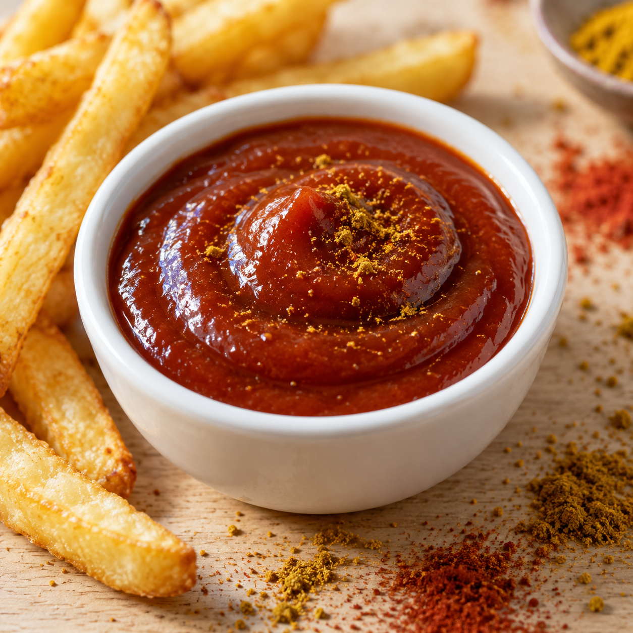 Curry-Ketchup in einer Schale mit Pommes auf hellem Holz