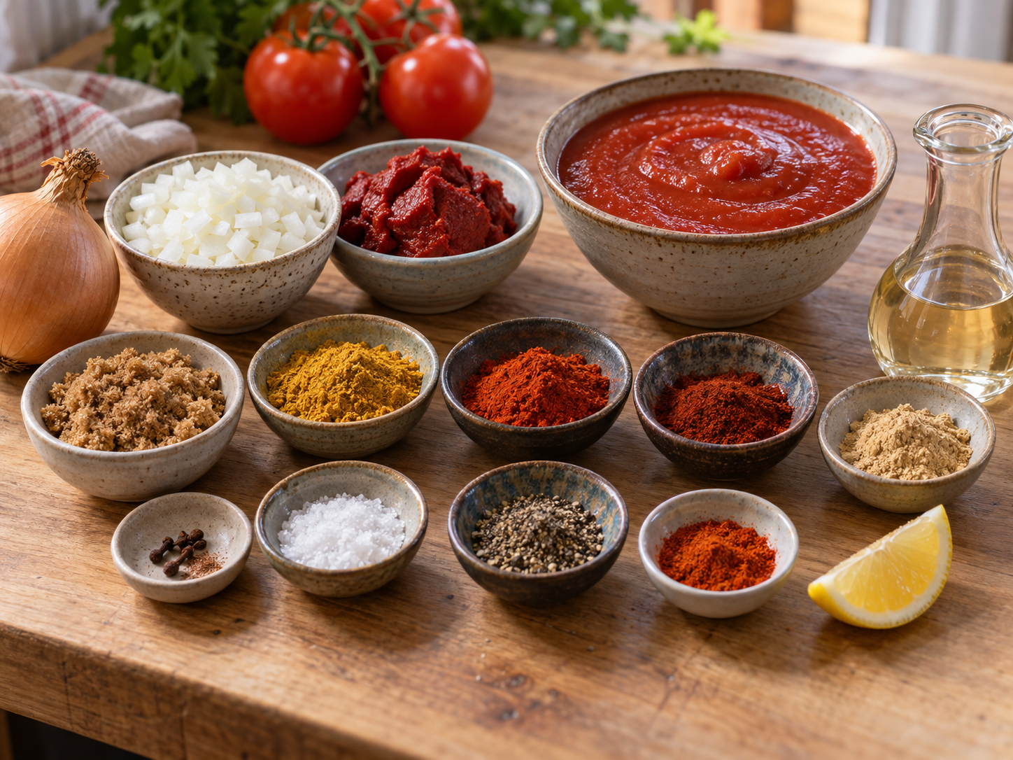 Zutaten für Curry-Ketchup mit Tomate, Zwiebel und Gewürzen