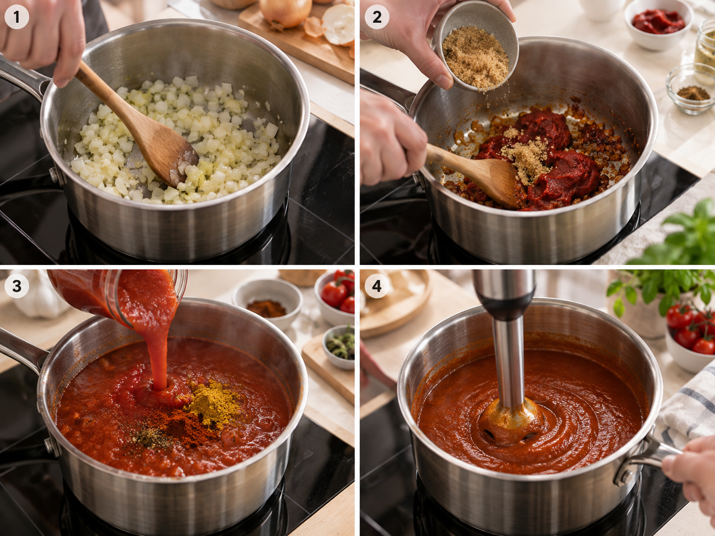 Vier Schritte beim Kochen von Curry-Ketchup im Topf