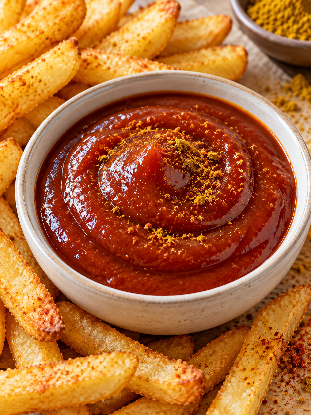 Curry-Ketchup mit Pommes in einer hellen Schale