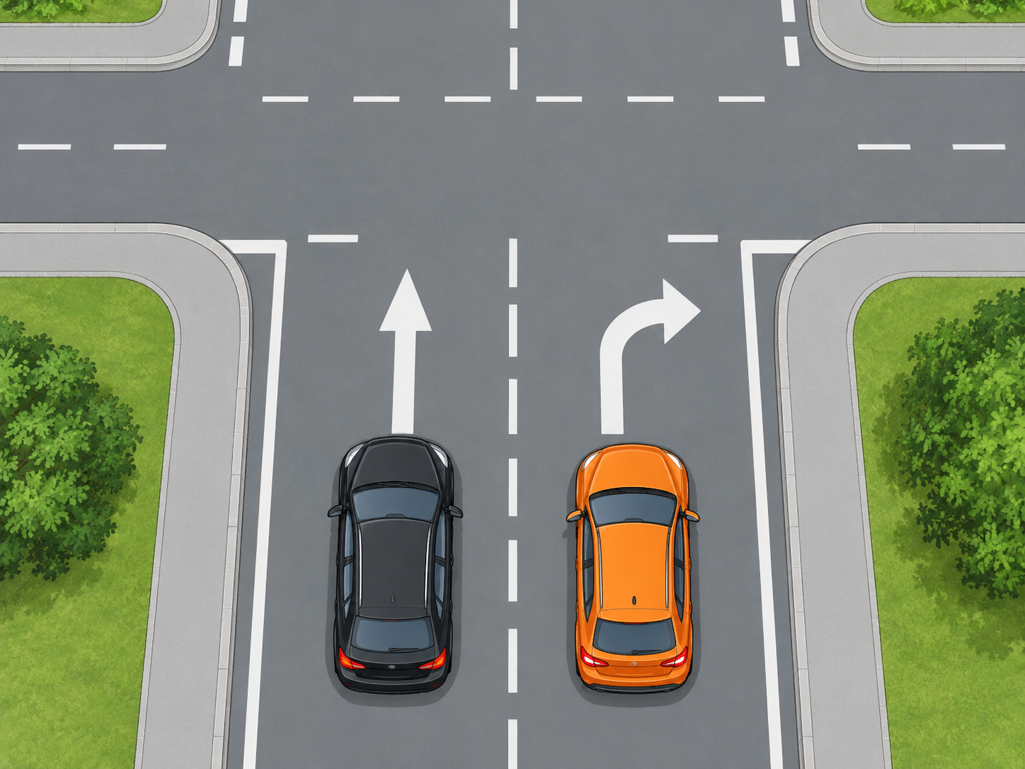 Zwei Autos auf getrennten Fahrspuren, wobei die rechte Spur mit einem Pfeil nach rechts abzweigt.