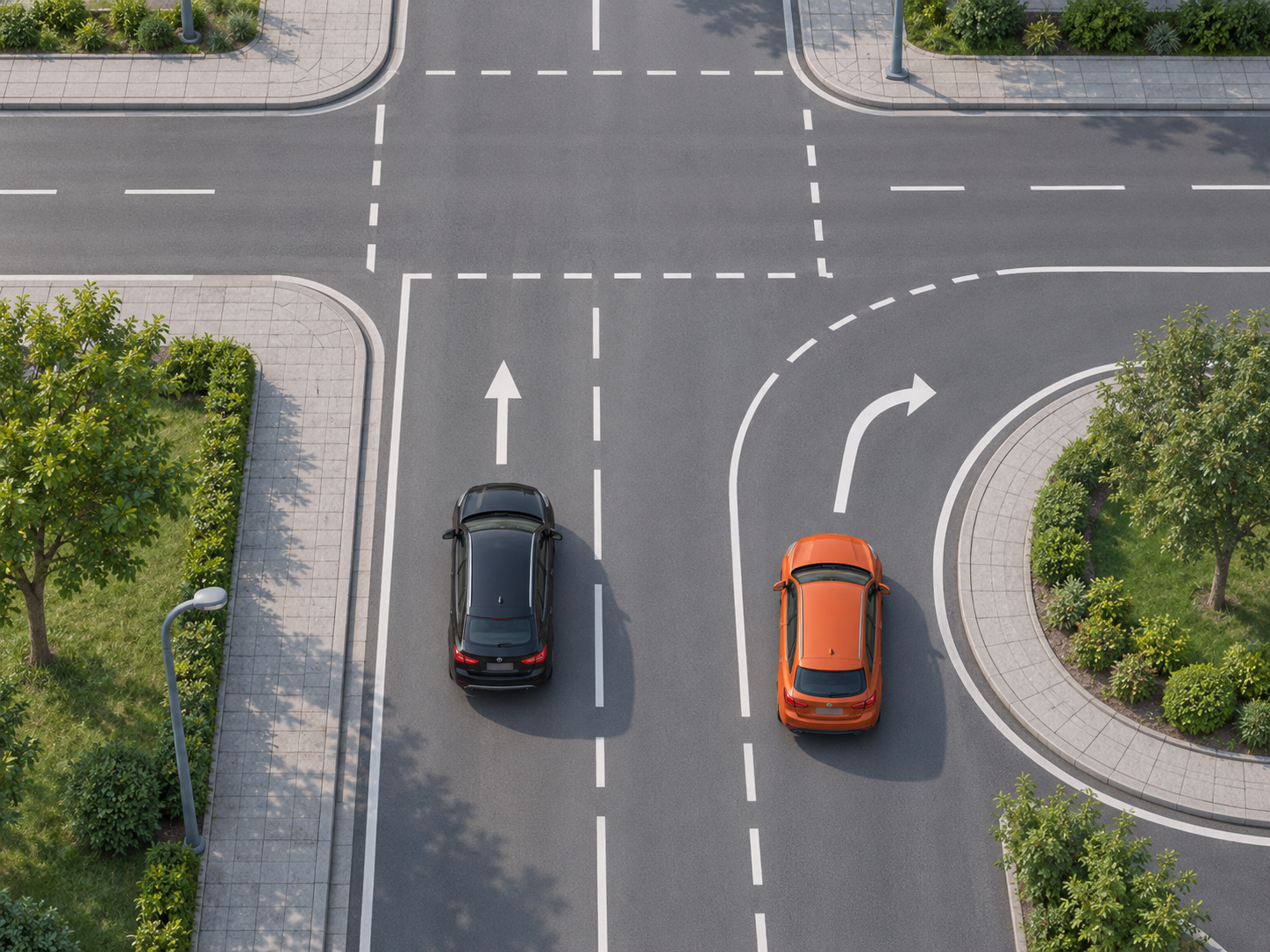 Das orangefarbene Auto folgt einer rechten Abbiegespur, während das schwarze Auto geradeaus weiterfährt.
