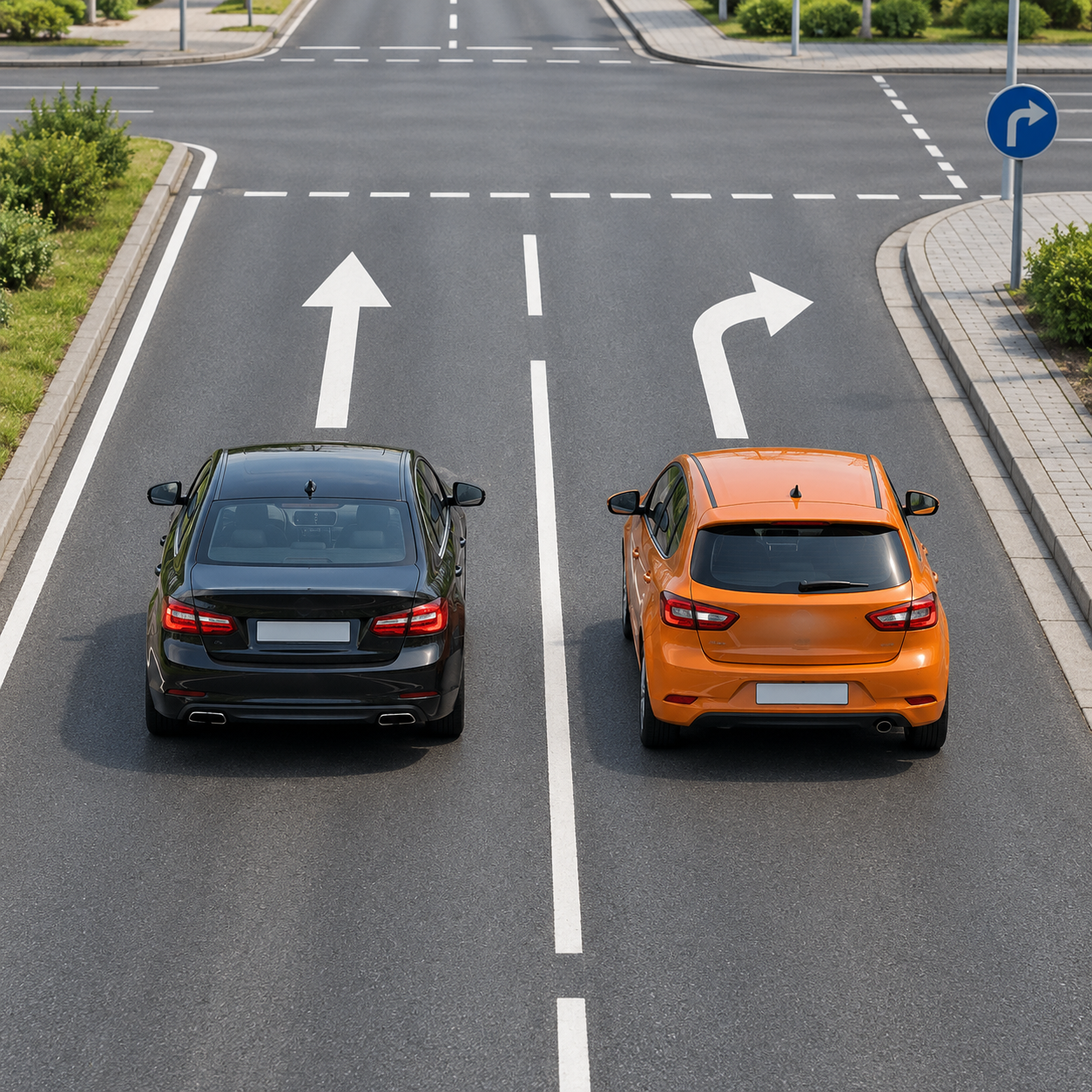 Ein orangefarbenes Auto steht rechts auf einer Spur mit Rechtsabbiegepfeil neben einem schwarzen Auto auf der Geradeausspur.
