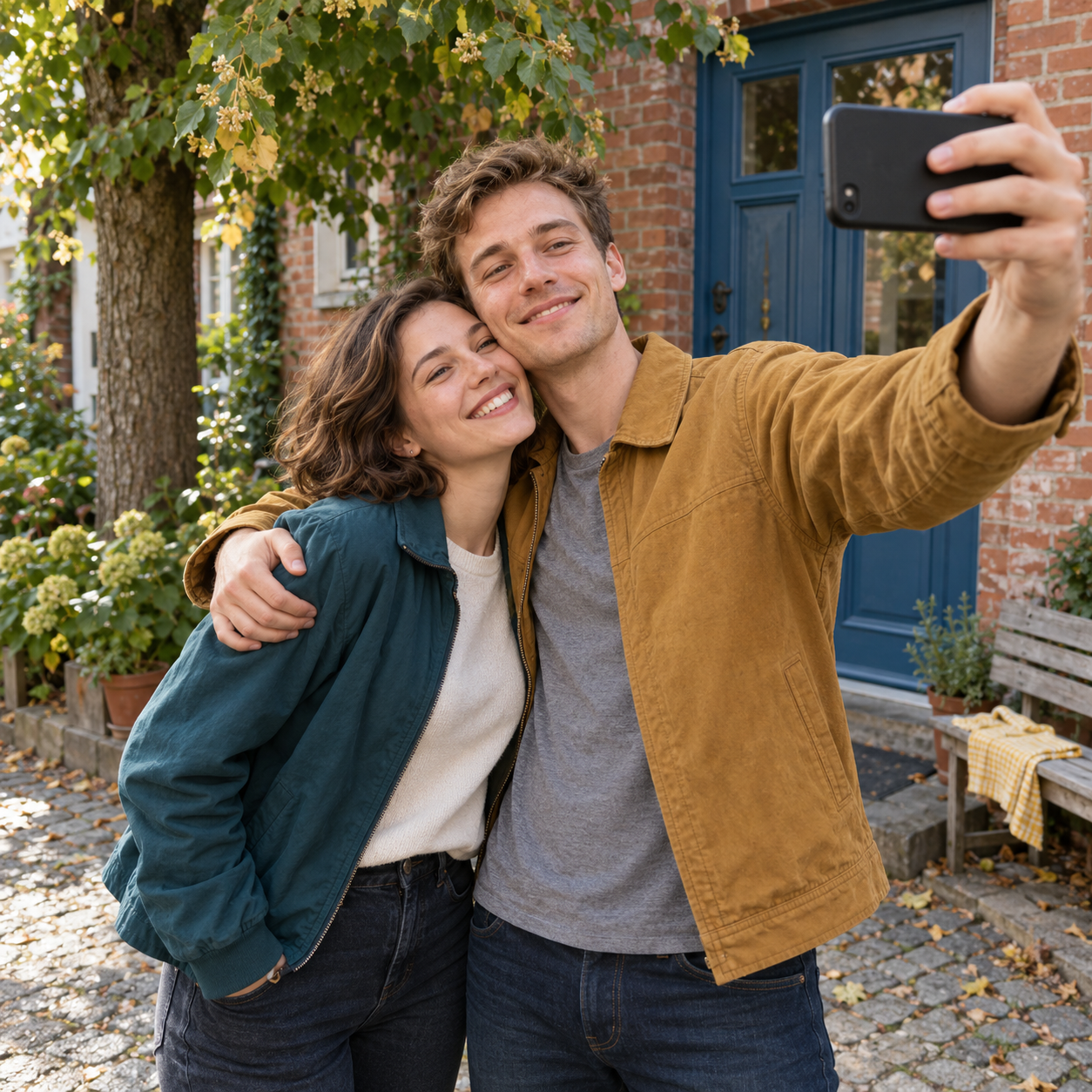 Mara und Jonas umarmen sich vor einer blauen Haustür und lachen beim gemeinsamen Selfie.