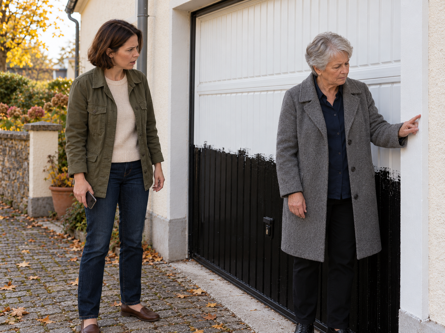 Hedda berührt den weißen Torrahmen, während Janna neben ihr vor der schwarz überstrichenen unteren Torhälfte steht.