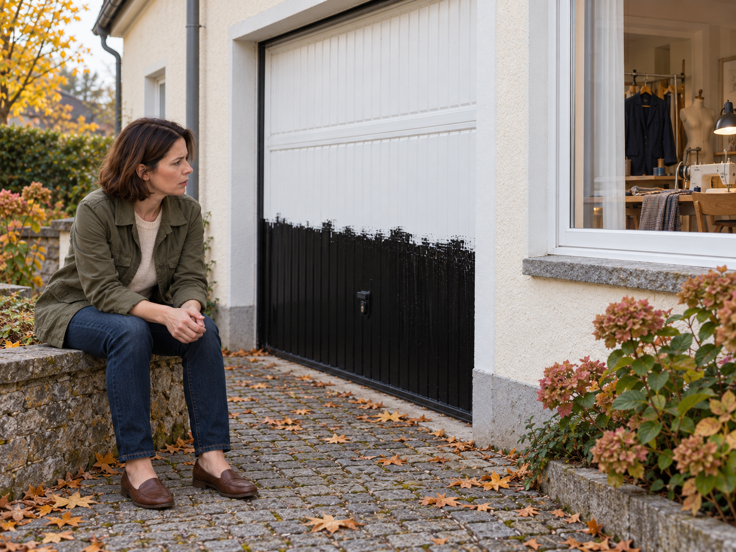 Nach dem dritten Vorfall sitzt Janna erschöpft auf der Gartenmauer; hinter ihr ist das Garagentor unten wieder schwarz.