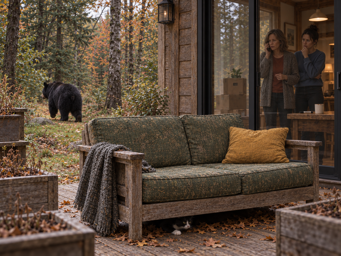 Der Schwarzbär geht zum Waldrand, während Knopf unter dem Gartensofa kauert und Mara und Jule im Haus warten.