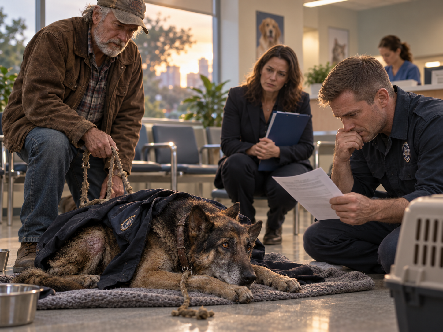 Rocky liegt in einer Tierklinik auf einer Decke, während Jonas und Earl die Unterlagen betrachten.