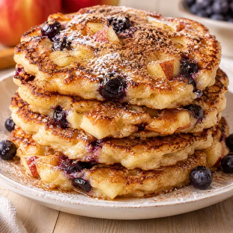 Dicke Obst-Pfannkuchen mit Apfel, Heidelbeeren und Zimtzucker