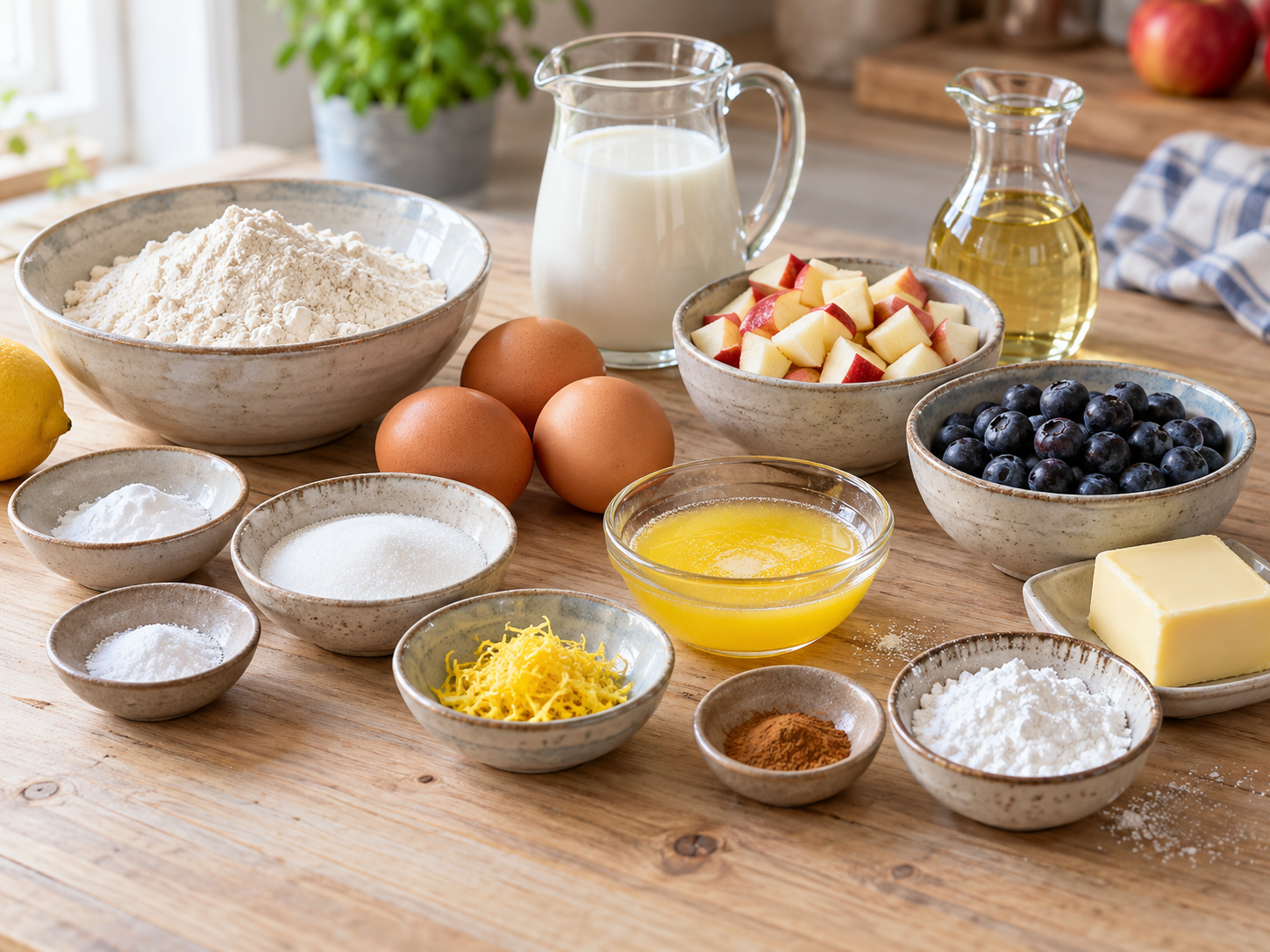 Zutaten für dicke Obst-Pfannkuchen mit Apfel und Heidelbeeren