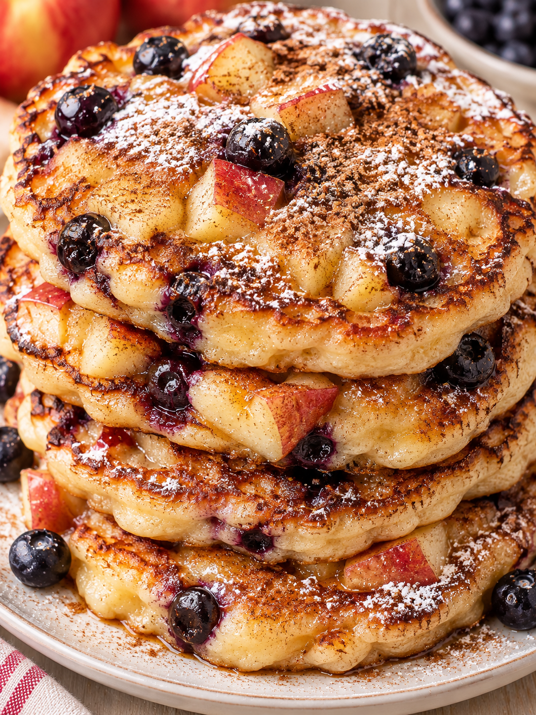 Hoher Stapel dicker Obst-Pfannkuchen mit Zimtzucker und Beeren