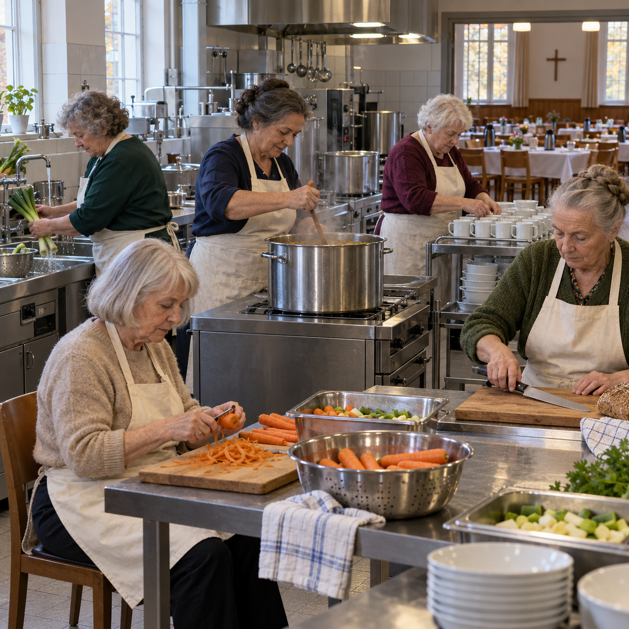 Fünf ältere Kirchenhelferinnen bereiten in einer großen Gemeindeküche Suppe, Brot und Kaffee für ein Beerdigungsessen vor.