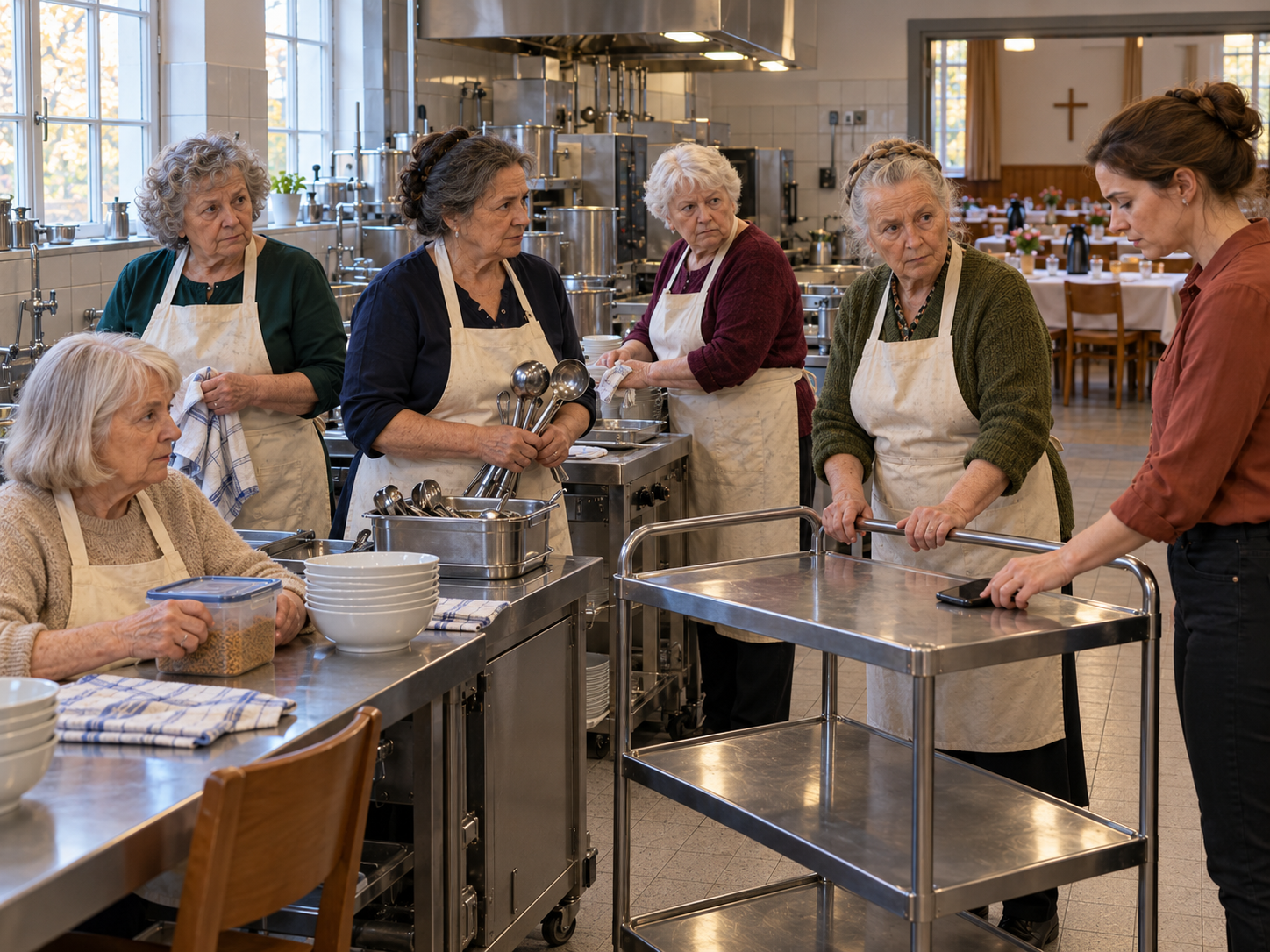 Nach der Cateringabsage legt Miriam das Telefon auf den leeren Servierwagen; die fünf Helferinnen halten in ihrer Arbeit inne.