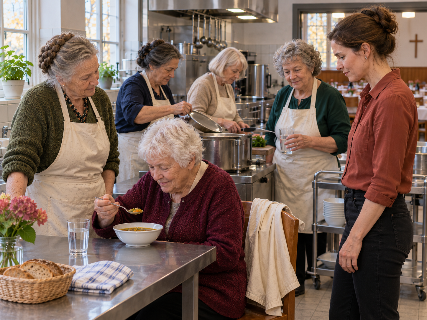 Hanne isst vor ihrem pünktlichen Feierabend eine Schale Suppe, während die anderen vier Helferinnen und Miriam bei ihr sind.