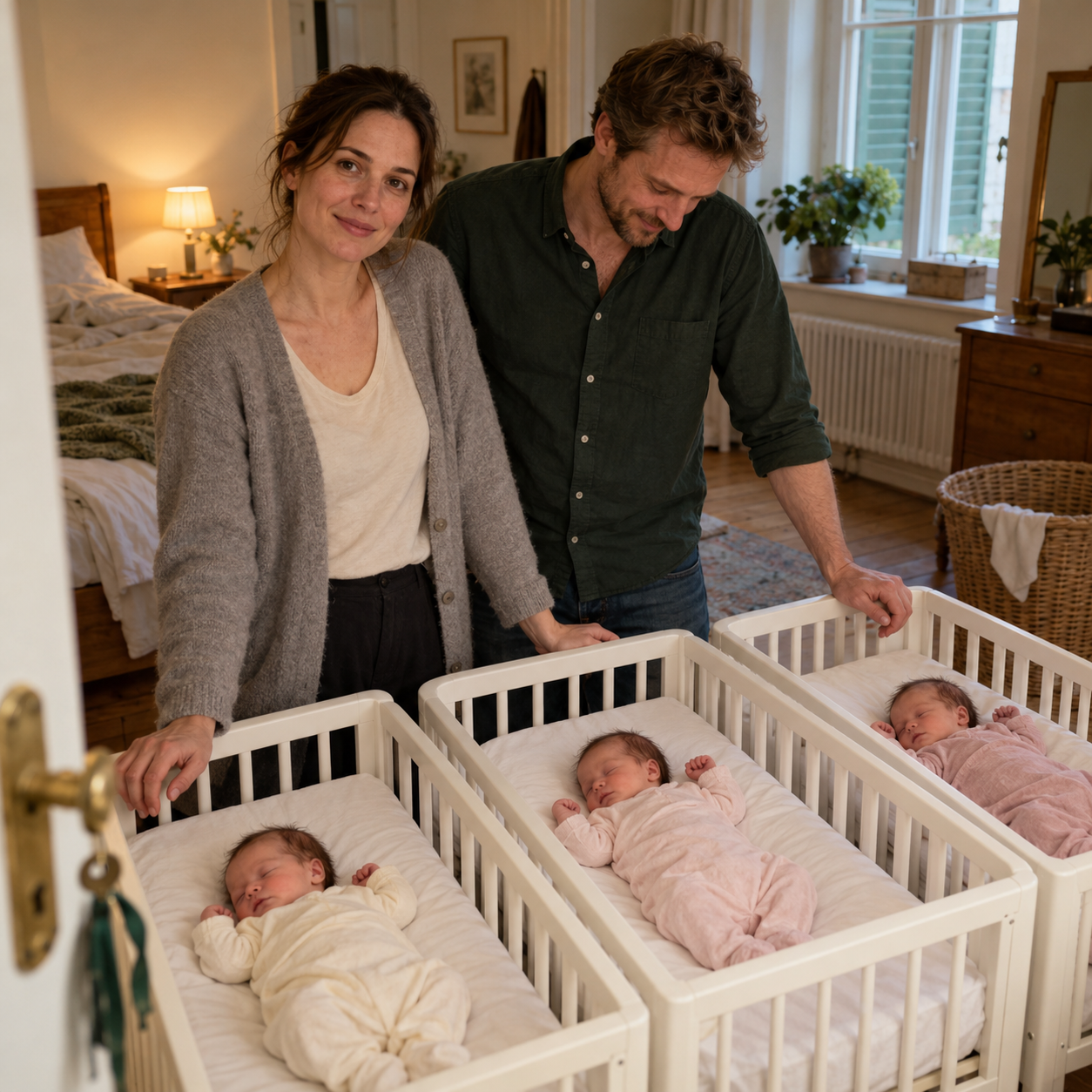 Mara und Jonas stehen im Schlafzimmer bei ihren drei neugeborenen Töchtern in getrennten Babybettchen.
