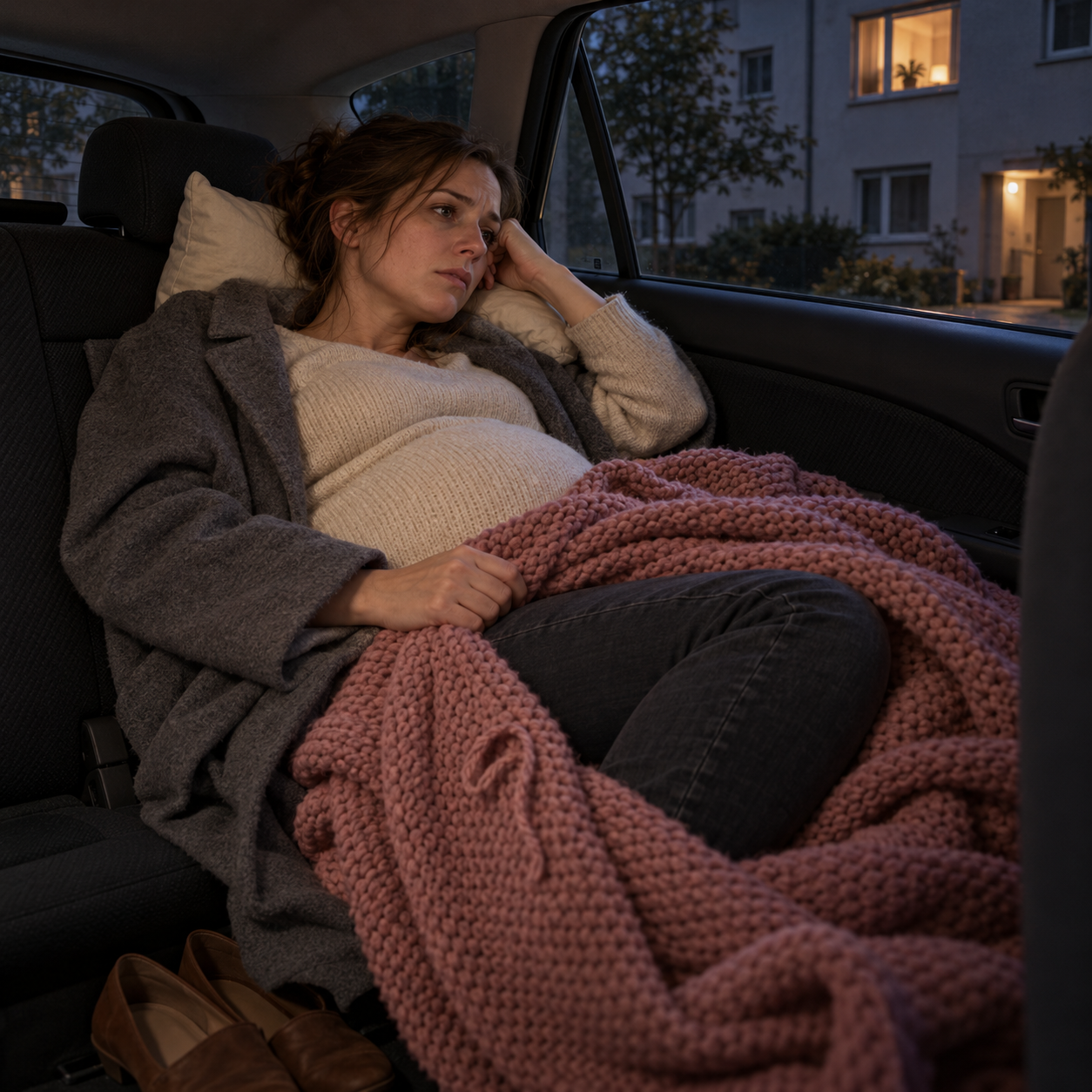 Die schwangere Mara liegt nachts wach mit Kissen und rosa Strickdecke auf der Rückbank eines abgestellten Autos.
