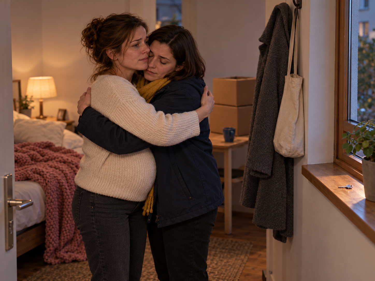 Mara und Jule umarmen sich zum Abschied im neuen Zimmer; auf der Fensterbank liegt Maras eigener Schlüssel.