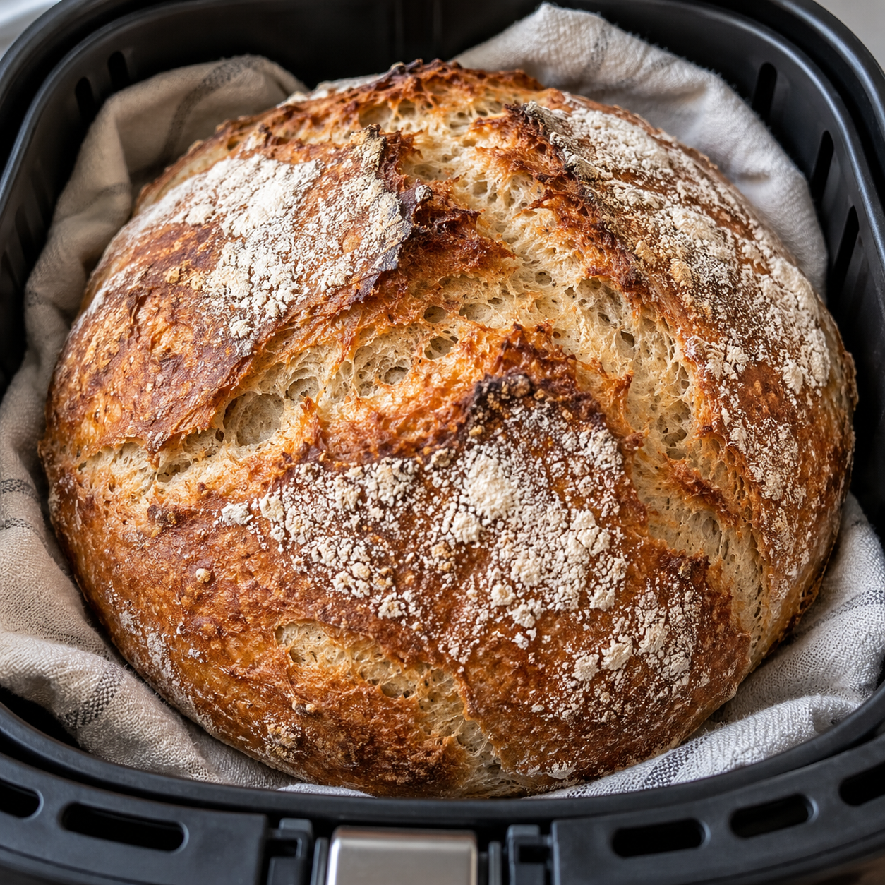 Rundes Dinkelbrot mit bemehlter Kruste im Airfryer-Korb