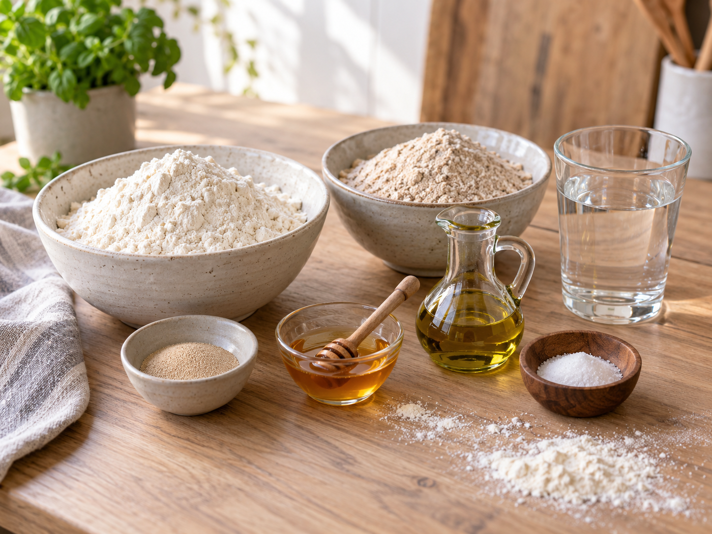 Zutaten für Dinkelbrot mit Mehl, Hefe, Wasser, Salz und Öl