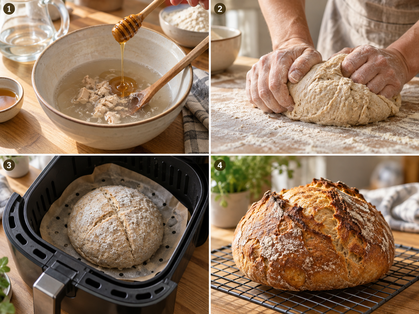 Vier Schritte vom Hefeteig bis zum gebackenen Dinkelbrot