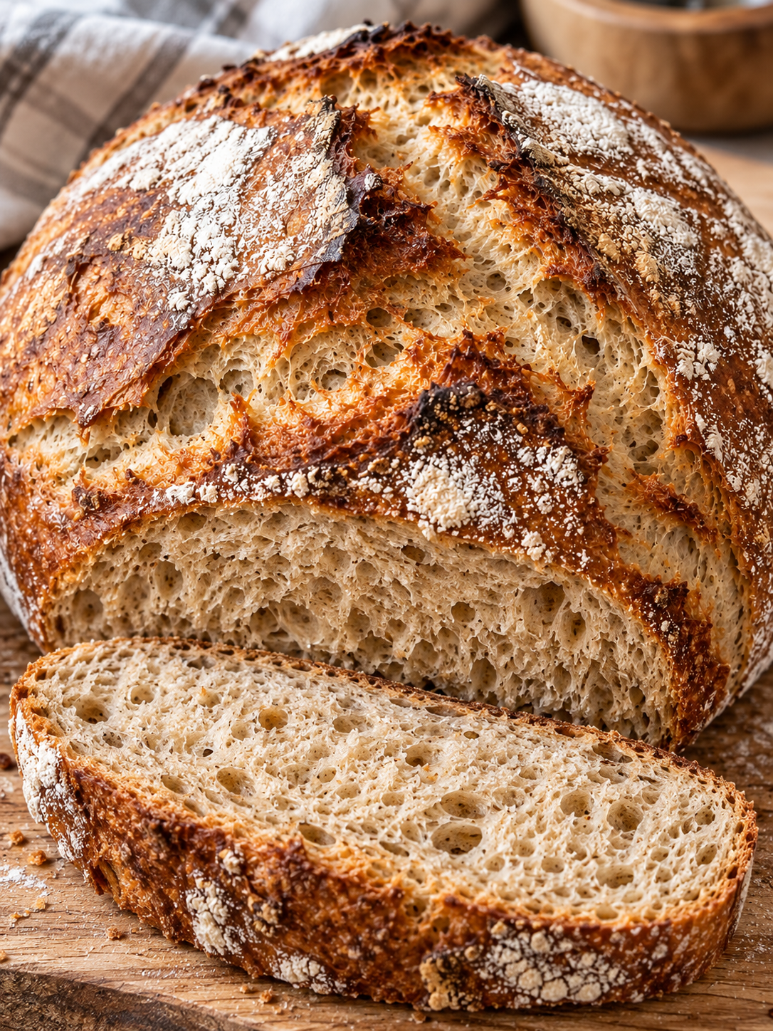 Dinkelbrot aus dem Airfryer mit bemehlter Kruste und Scheibe