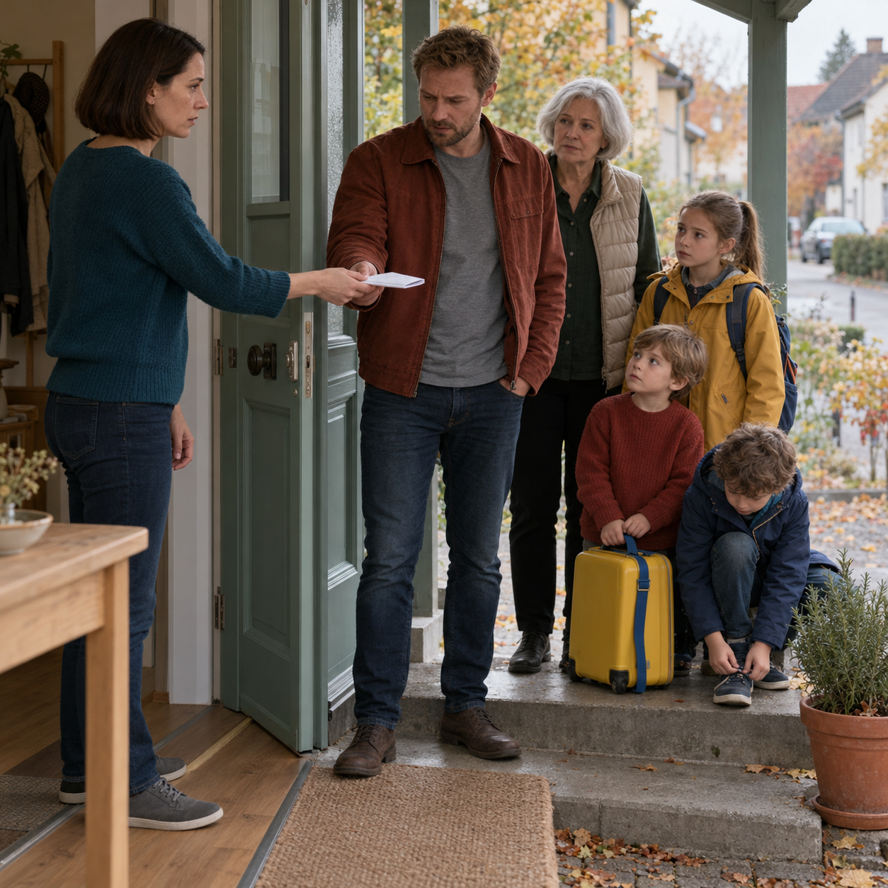 Johanna reicht ihrem Bruder an der offenen Haustür ein Blatt Papier, während ihre Mutter und seine drei Kinder auf dem Podest warten.