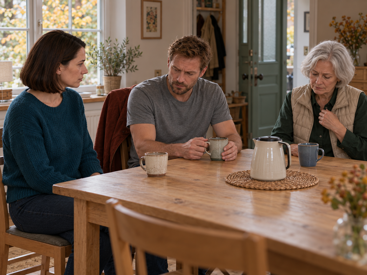 Johanna, Nils und Karin sprechen bei Kaffee am Küchentisch über die ungefragte Kinderbetreuung.