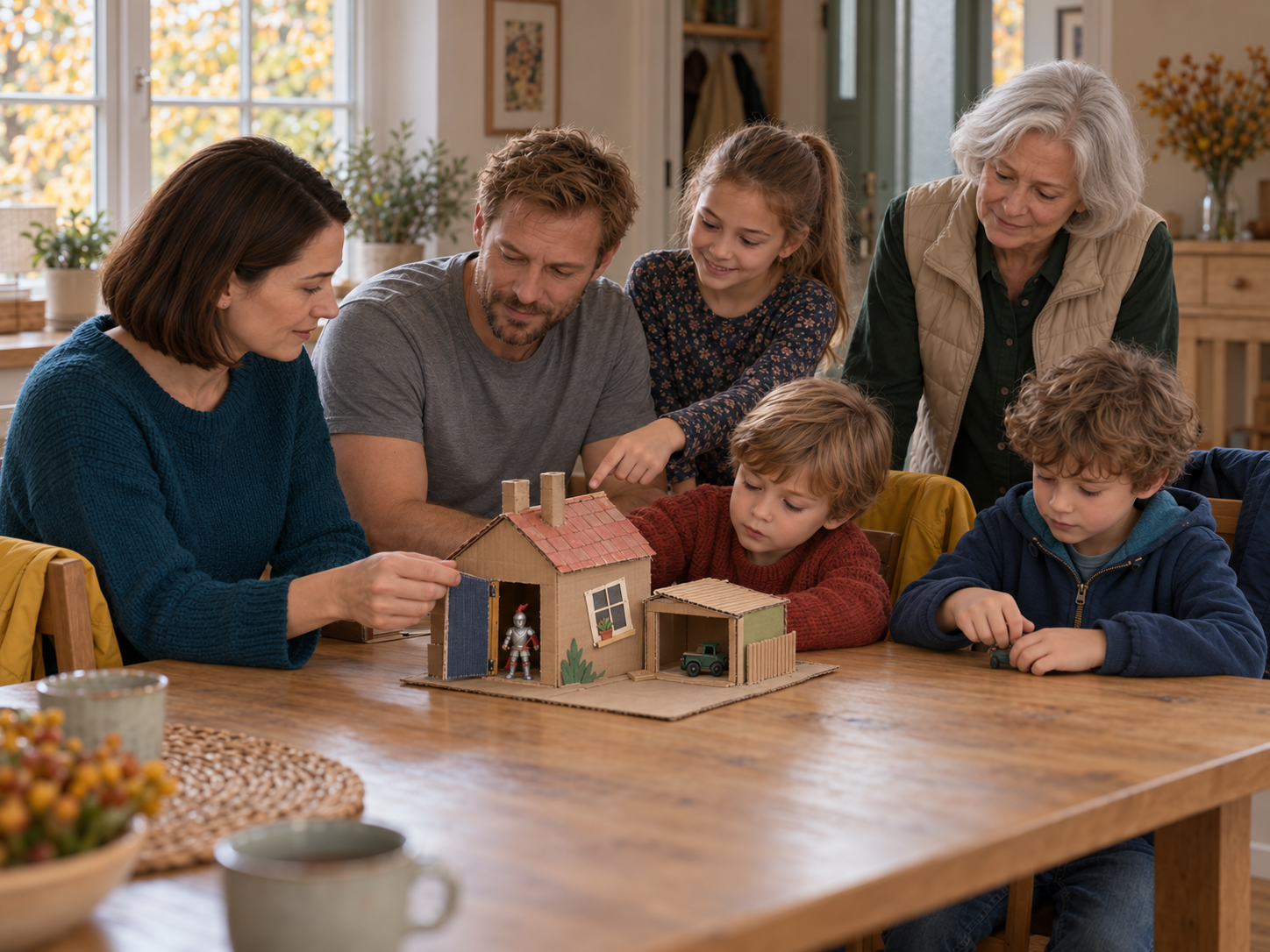 Johanna hält die Tür des gebastelten Papphauses offen, während Emil seinen Ritter hineinsetzt und die Familie zusieht.