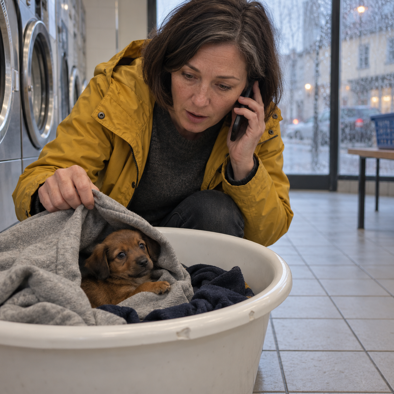 Miriam entdeckt einen winzigen braunen Welpen zwischen Kleidungsstücken in einer weißen Waschschüssel.