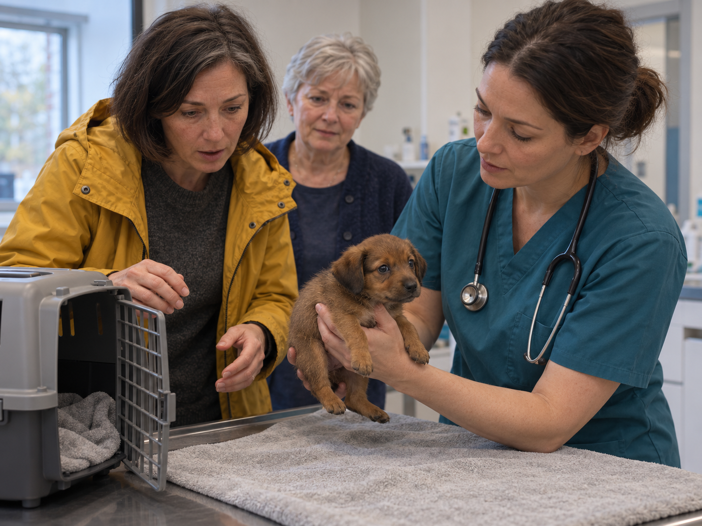 In der Tierklinik übernimmt Dr. Seidel den kleinen braunen Welpen aus der Transportbox.