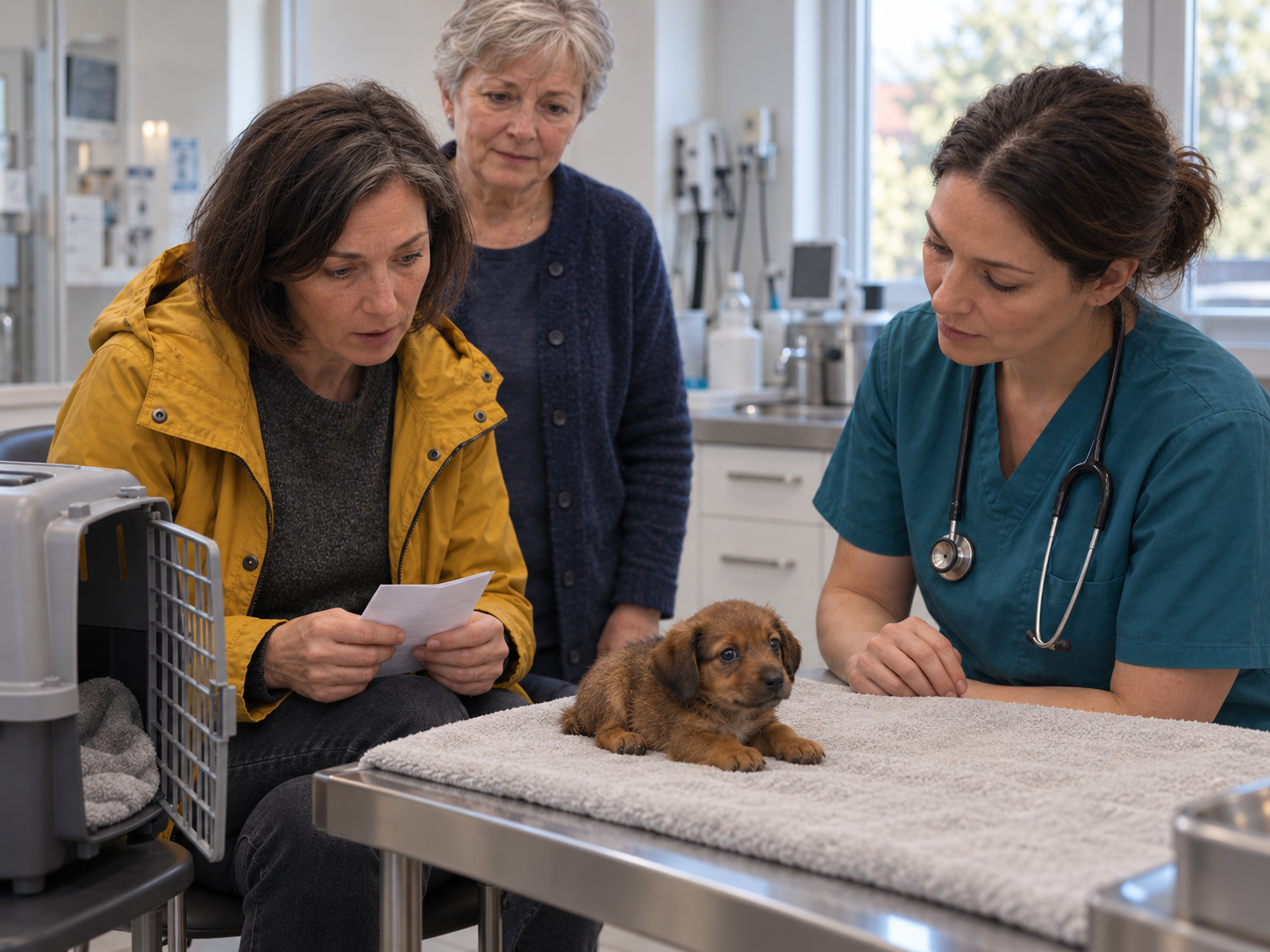 Miriam setzt sich bei einem Klinikbesuch neben den geschützten Platz des winzigen Welpen.