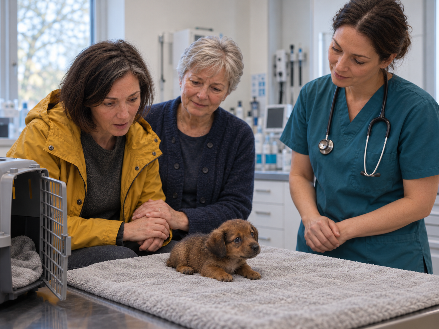 Milo hebt kurz den Kopf, während Miriam und Vera bei einem Klinikbesuch einander die Hand drücken.