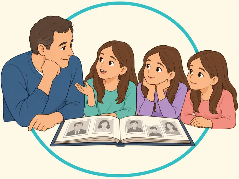 Ein Onkel beantwortet beim Betrachten eines Familienalbums die Fragen seiner drei Nichten.