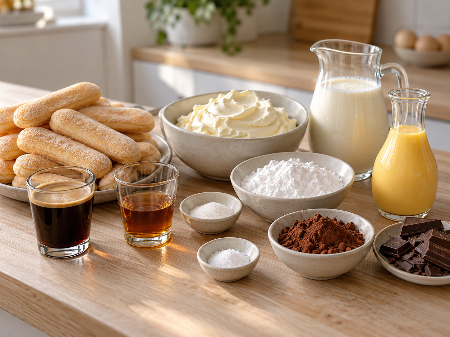 Zutaten für Eierlikör-Tiramisu mit Mascarpone auf hellem Holz