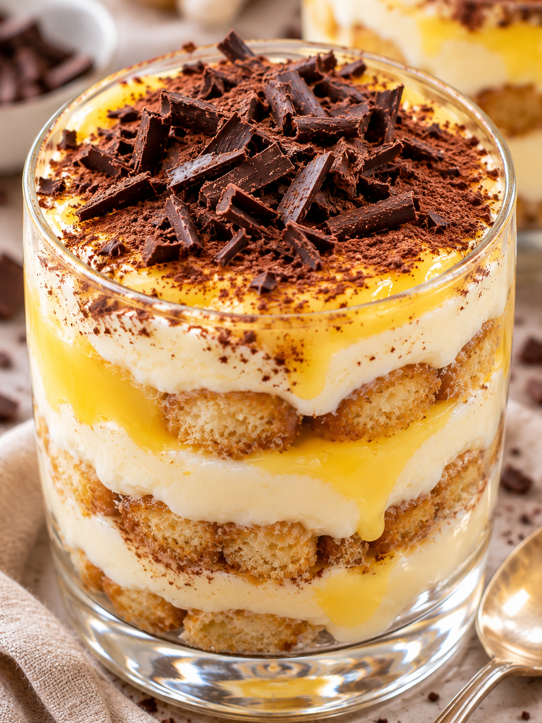 Eierlikör-Tiramisu im Glas mit gelber Eierlikörschicht und Schokolade