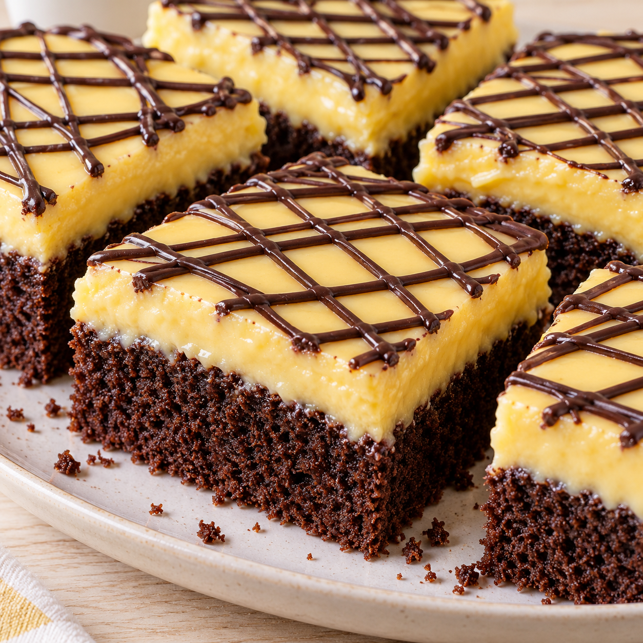 Eierlikörkuchen vom Blech mit Schokoboden und Schokogitter