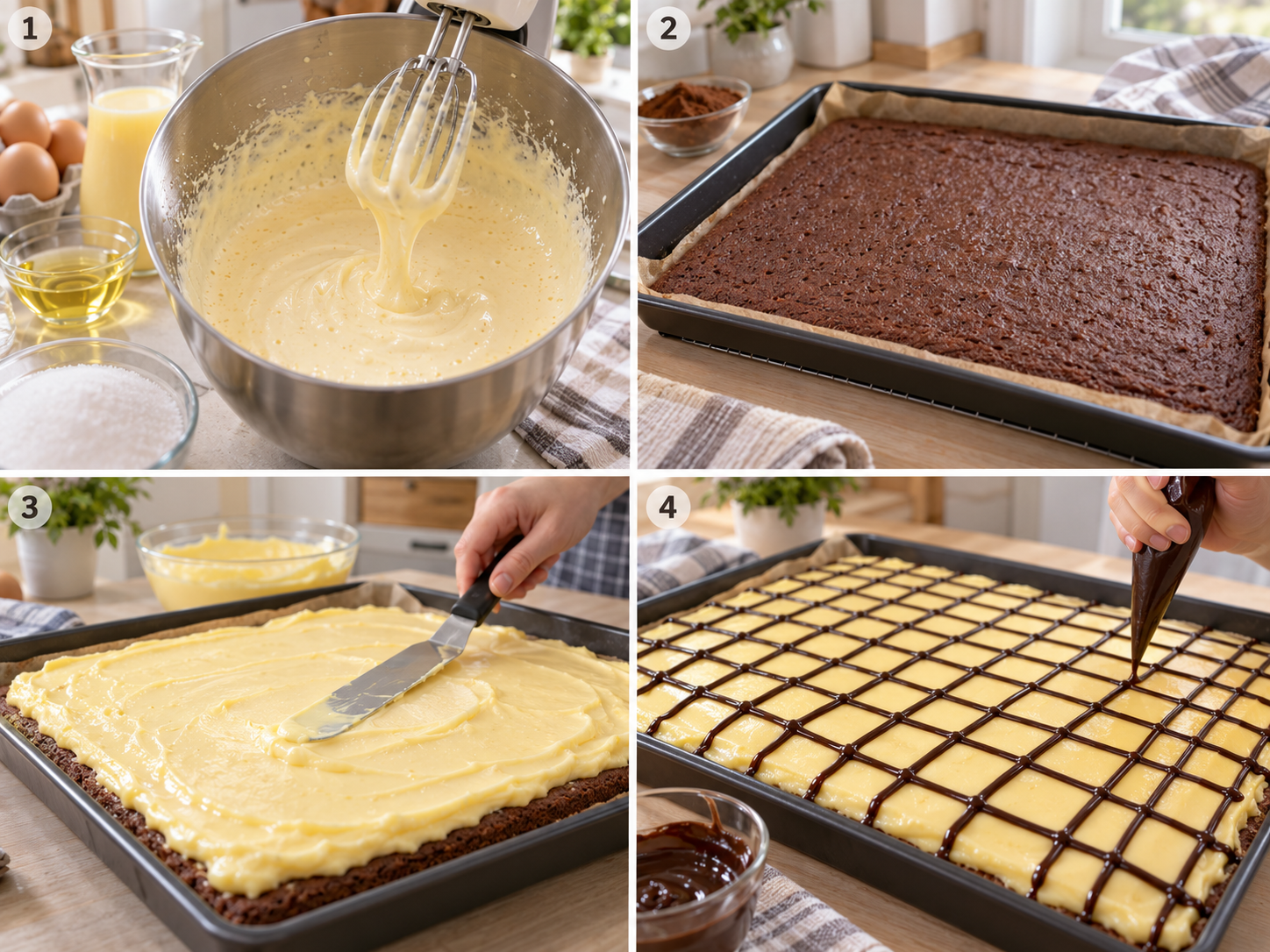 Vier Schritte für Eierlikörkuchen vom Blech mit Creme und Schokogitter
