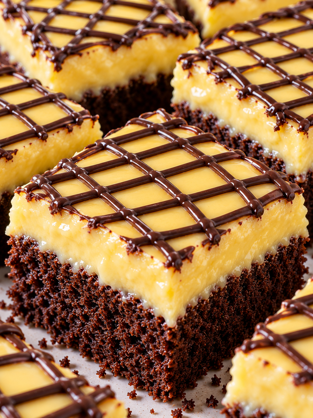 Eierlikörschnitten mit gelber Creme und dunklem Schokogitter