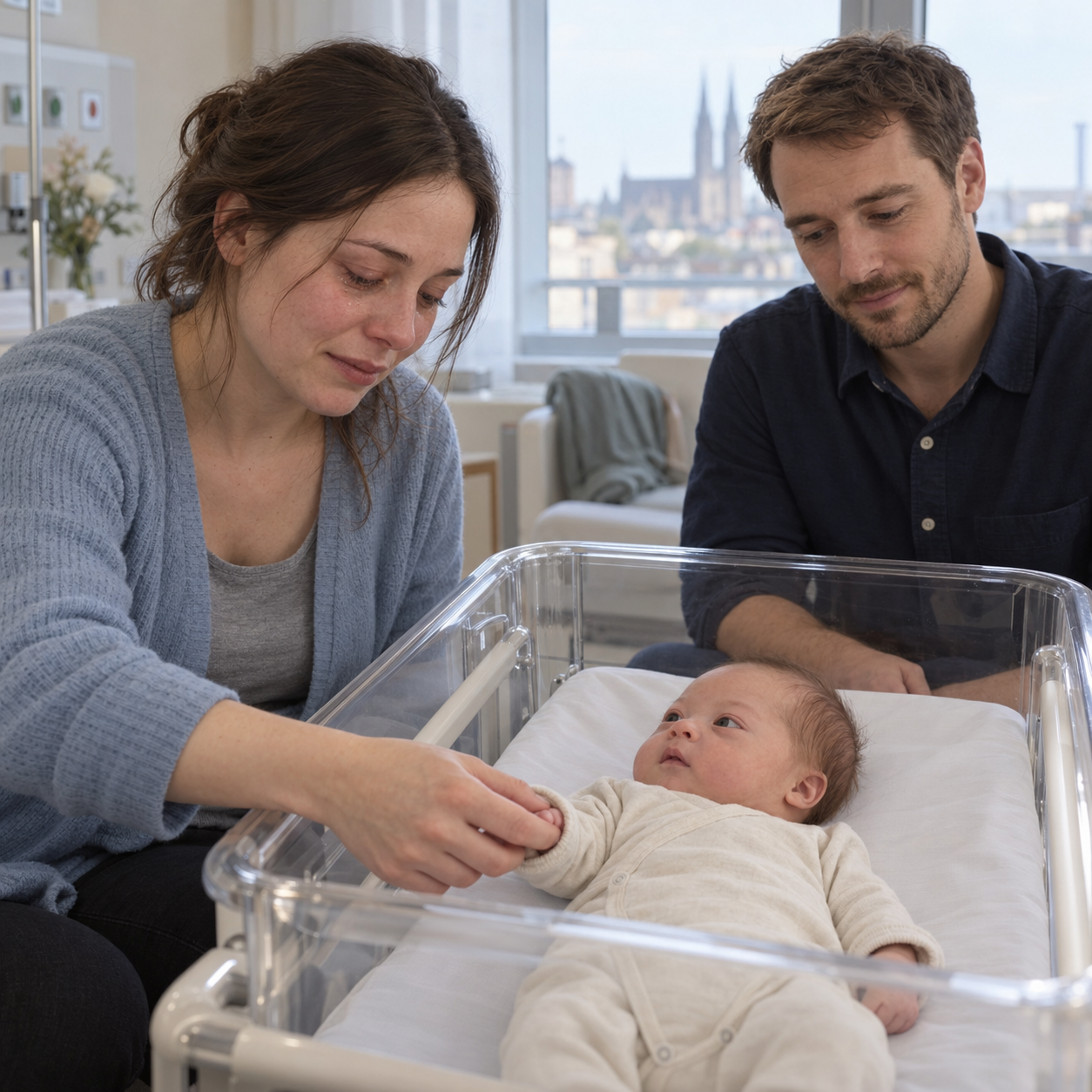 Mara zieht im Krankenhaus vorsichtig den Ärmel ihres wachen Babys Emil zurück; Jonas sitzt neben dem Bettchen.