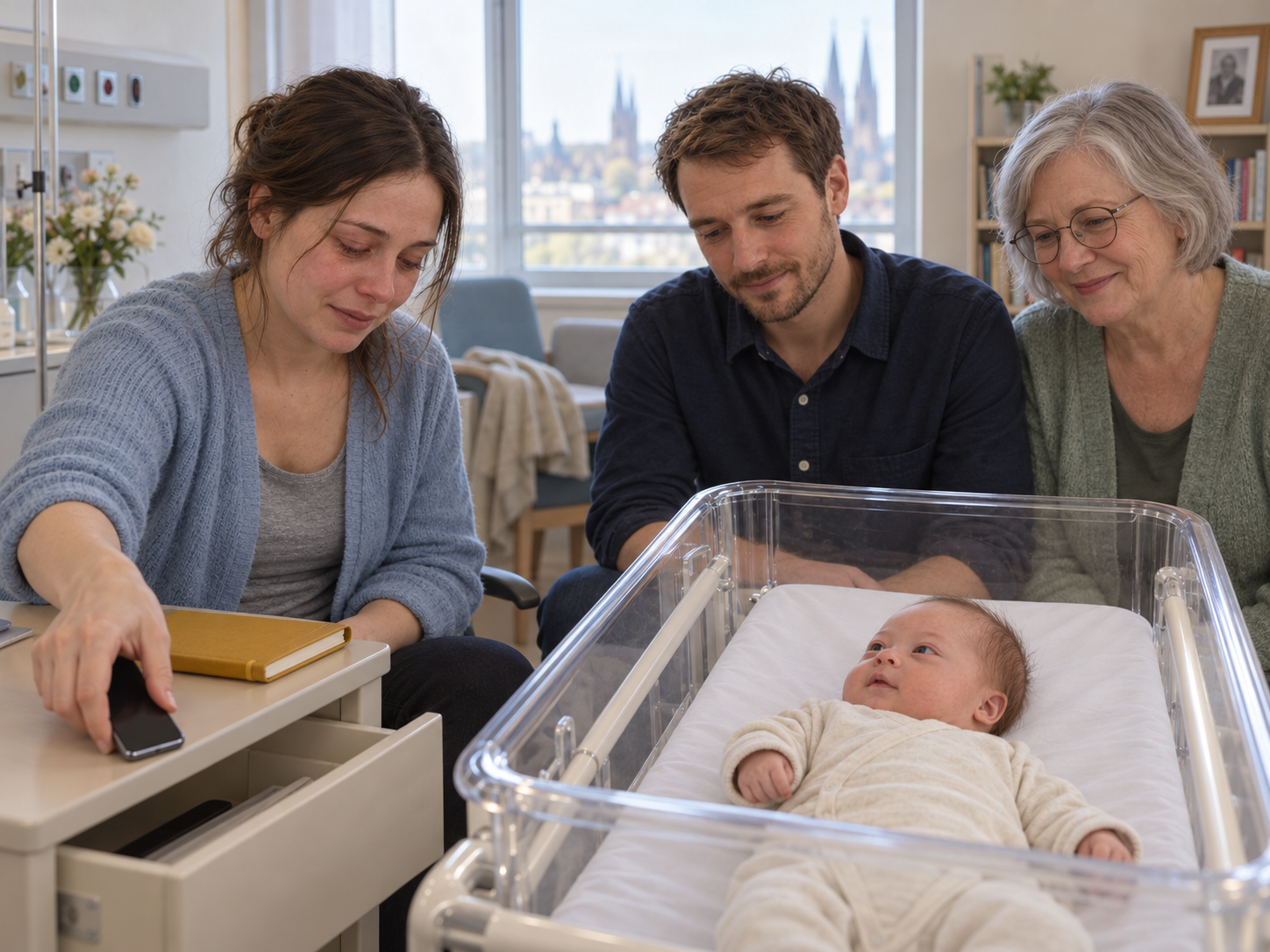 Nach der Geburtsnachricht legt Mara ihr Handy weg; Jonas und der wache Emil sind neben ihr im Krankenhauszimmer.