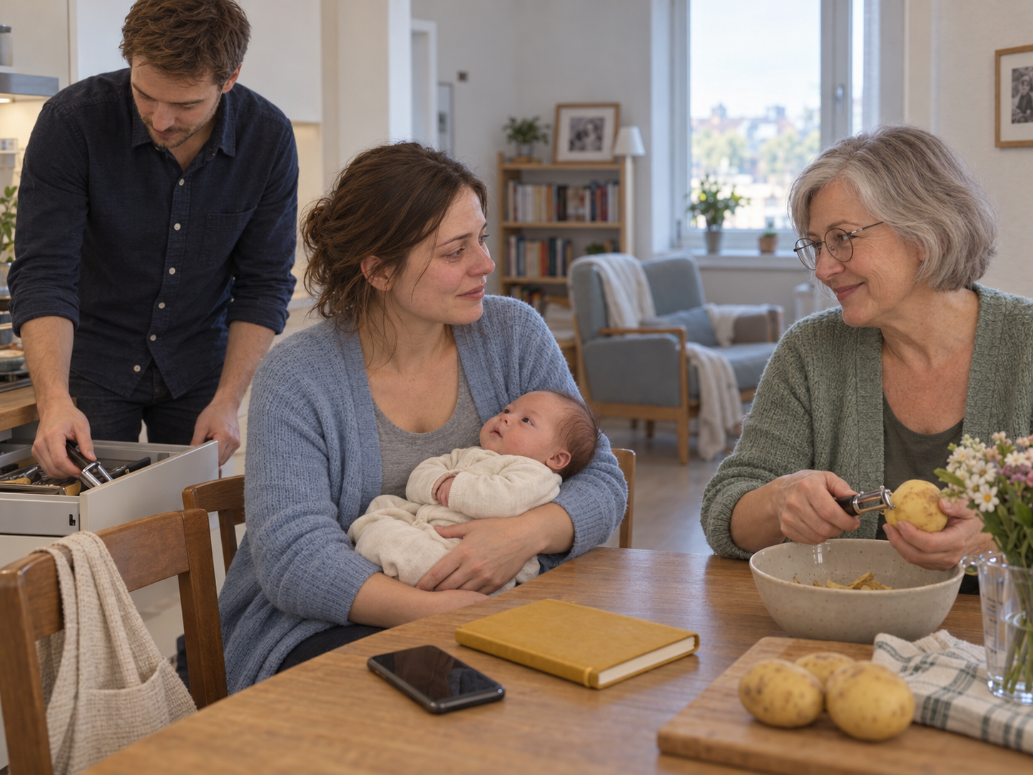 Ruth schält Kartoffeln am Küchentisch, während Mara Emil mit gestütztem Kopf hält und Jonas neben ihnen steht.