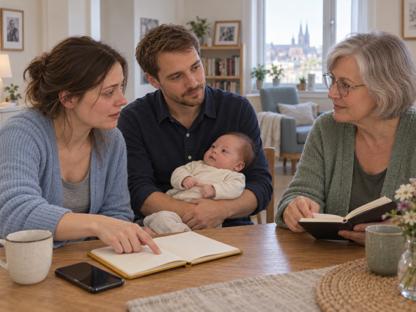Mara und Ruth besprechen am Küchentisch Unterstützung für die Woche; Jonas hält den sechs Wochen alten Emil.