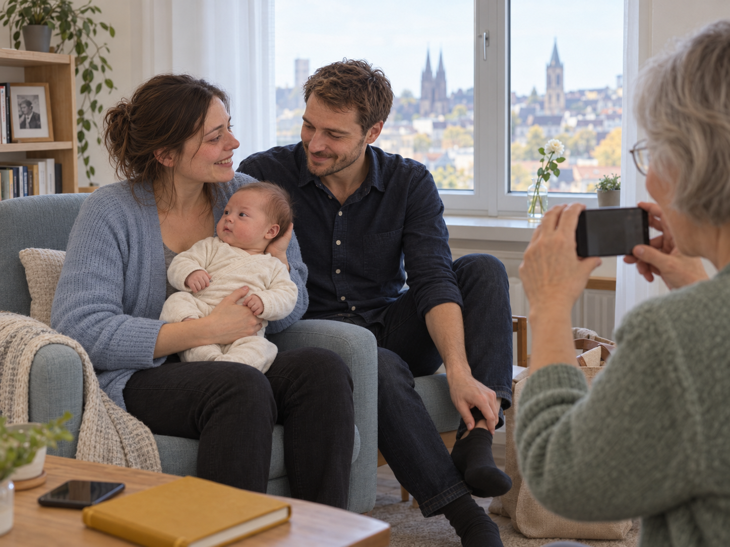 Ruth fotografiert Mara und Jonas am Fenster; Mara hält den wachen, zehn Wochen alten Emil und lacht zu Jonas hinüber.