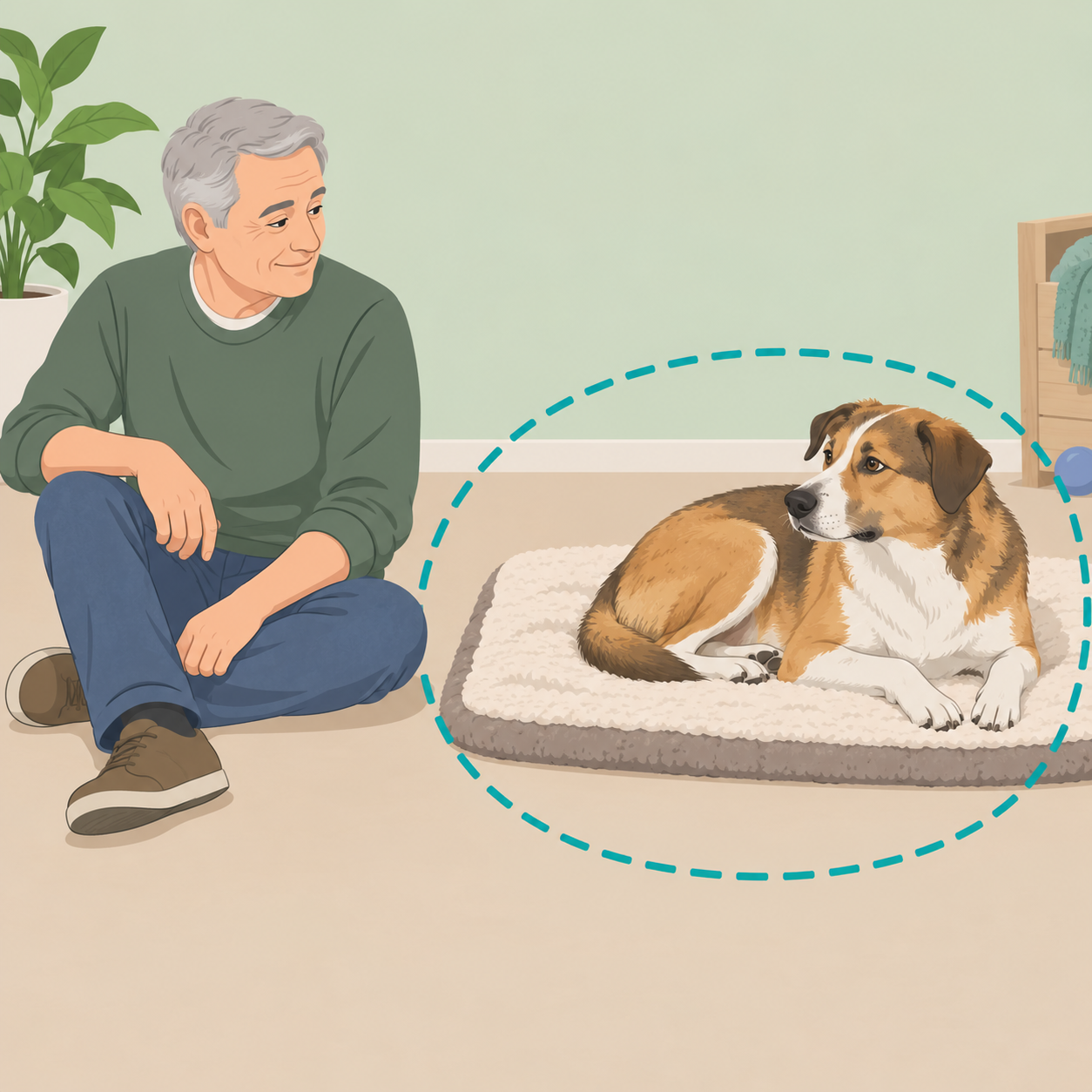 Ein älterer Mann sitzt ruhig neben einem unsicheren Tierheimhund und lässt ihm Abstand.