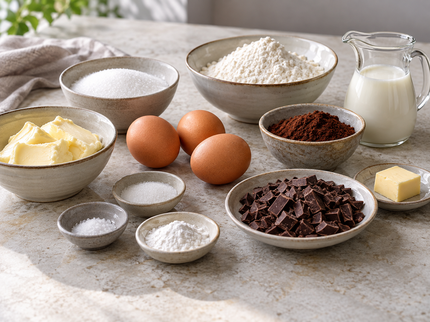 Zutaten für Schokokuchen mit Kakao, Eiern, Butter, Milch und Schokolade