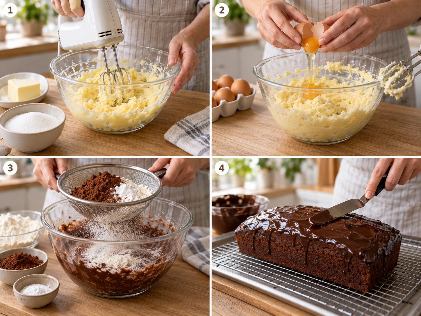 Vier Schritte vom Rühren bis zur Glasur für einen einfachen Schokokuchen
