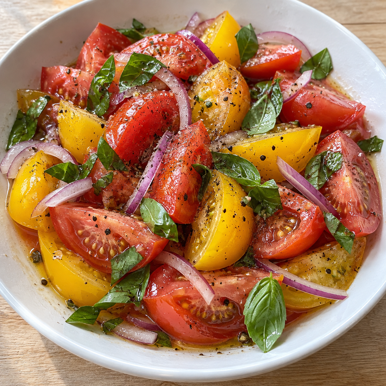 Tomatensalat mit roter Zwiebel, Pfeffer und Basilikum in heller Schale