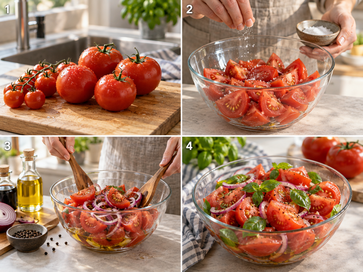 Vier Schritte vom Schneiden der Tomaten bis zum fertigen Tomatensalat